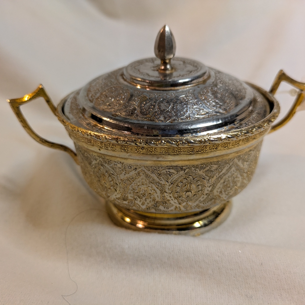 Vintage Elegant Silver and Gold Lidded Serving Bowl